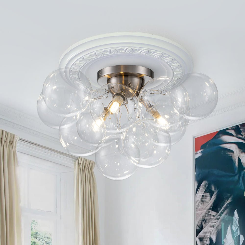 Clear Glass Globe Semi-Flush Ceiling Light, 3-Bulb Brushed Metal Cluster Fixture for Dining Room, Bedroom, Entryway, Bathroom | Thomler