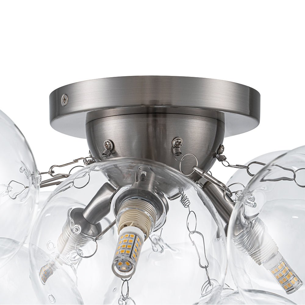 Clear Glass Globe Semi-Flush Ceiling Light, 3-Bulb Brushed Metal Cluster Fixture for Dining Room, Bedroom, Entryway, Bathroom | Thomler