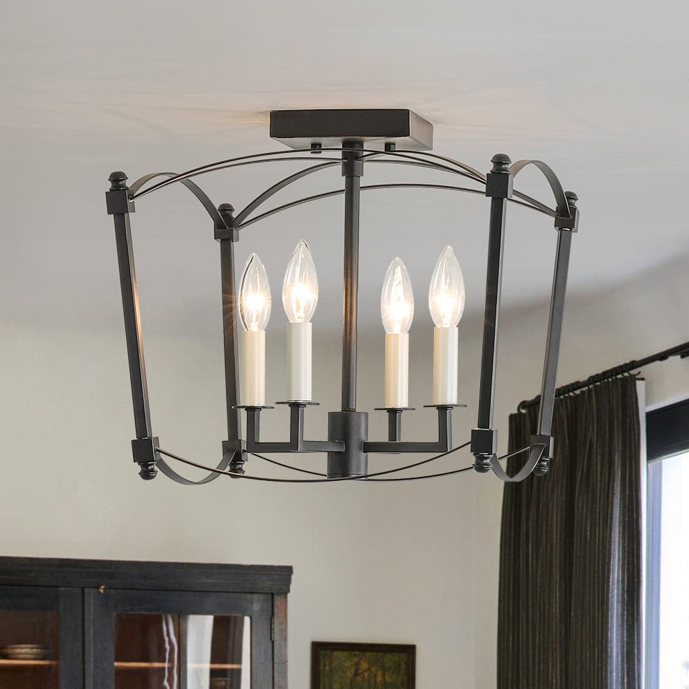 Square Cage Ceiling Light with Arched Frame & Candelabra Sockets for Entryway, Kitchen, Bedroom | Vintage Industrial Design | Thomler