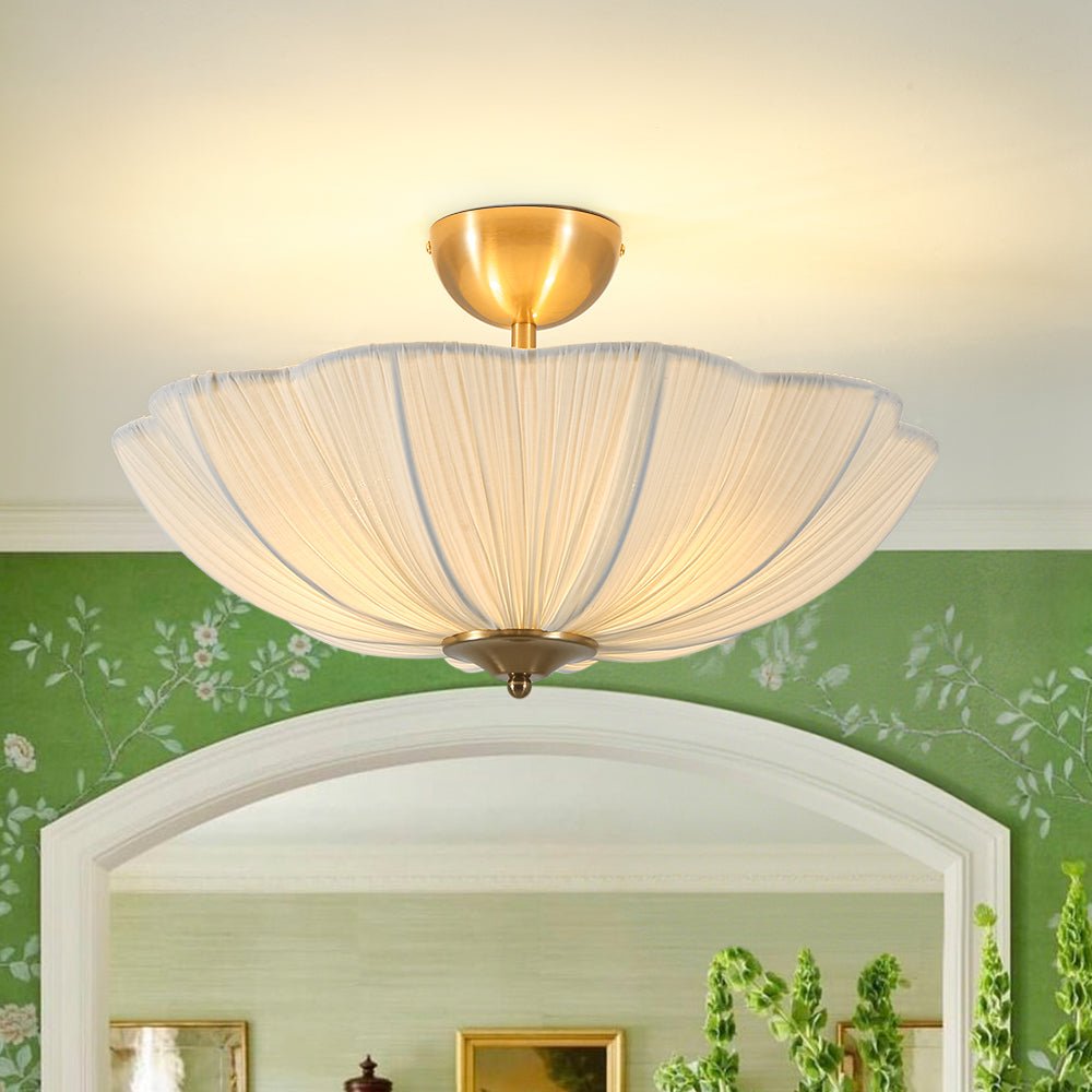 Three-Light Ceiling Lamp with Gathered Fabric Dome and Brass Accents | Thomler