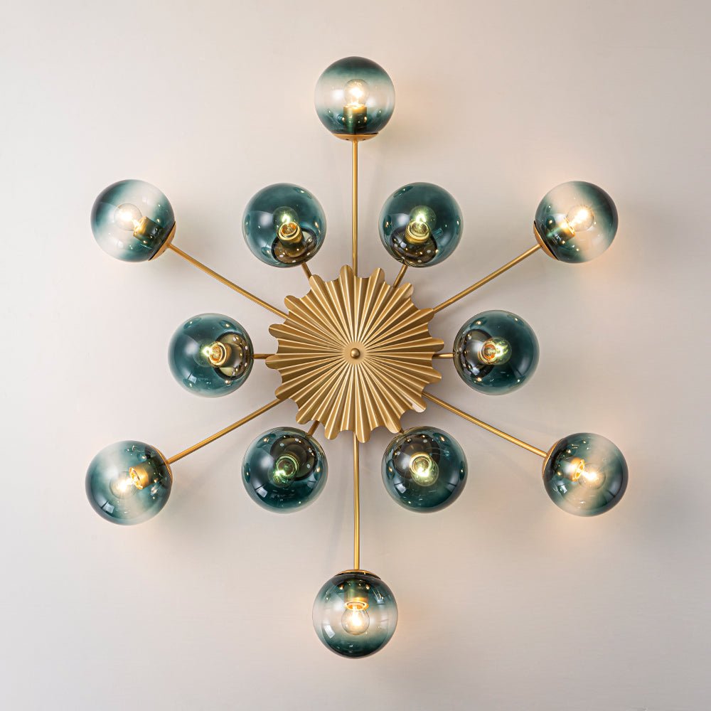 12-Arm Starburst Ceiling Light with Gradient Azure Sphere Shades & Metallic Finish for Entryway | Thomler
