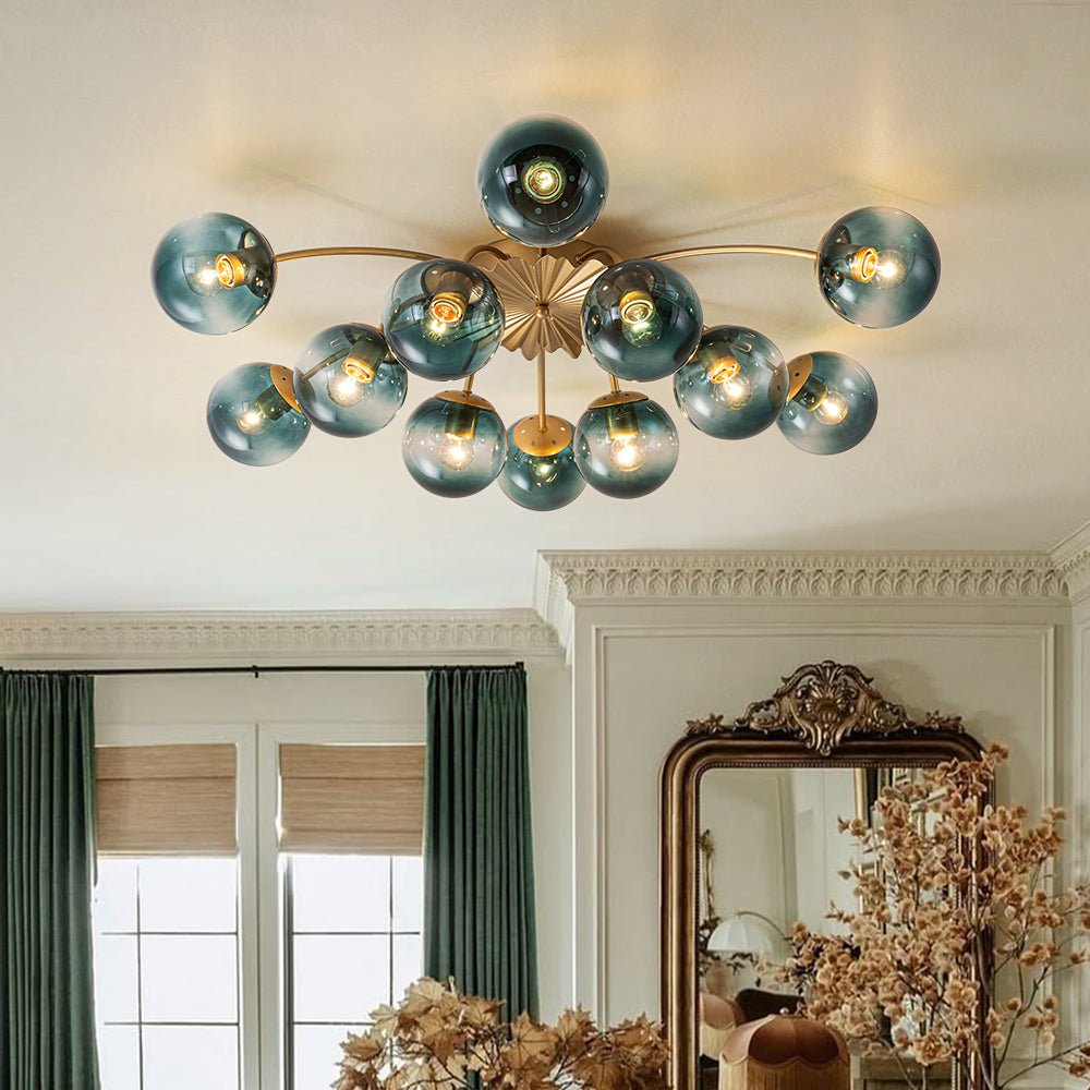 12-Arm Starburst Ceiling Light with Gradient Azure Sphere Shades & Metallic Finish for Entryway | Thomler
