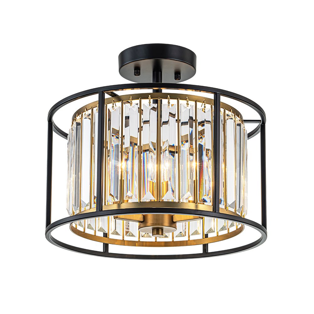 Three-Light Semi-Flush Drum Fixture with Faceted Glass Accents and Dual-Tone Metal Frame for Dining Room, Entryway, Bedroom, Kitchen | Thomler