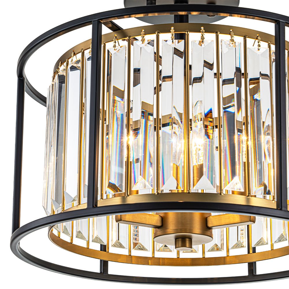 Three-Light Semi-Flush Drum Fixture with Faceted Glass Accents and Dual-Tone Metal Frame for Dining Room, Entryway, Bedroom, Kitchen | Thomler
