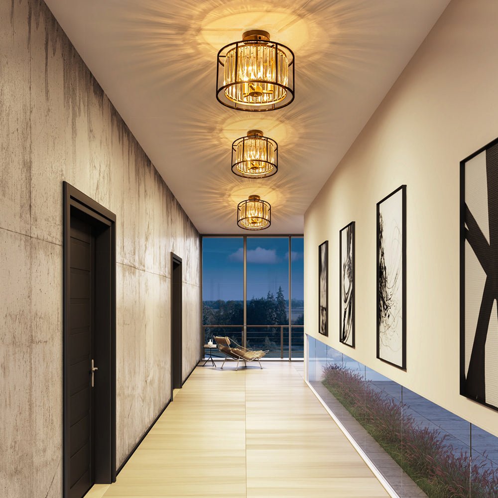 Three-Light Semi-Flush Drum Fixture with Faceted Glass Accents and Dual-Tone Metal Frame for Dining Room, Entryway, Bedroom, Kitchen | Thomler