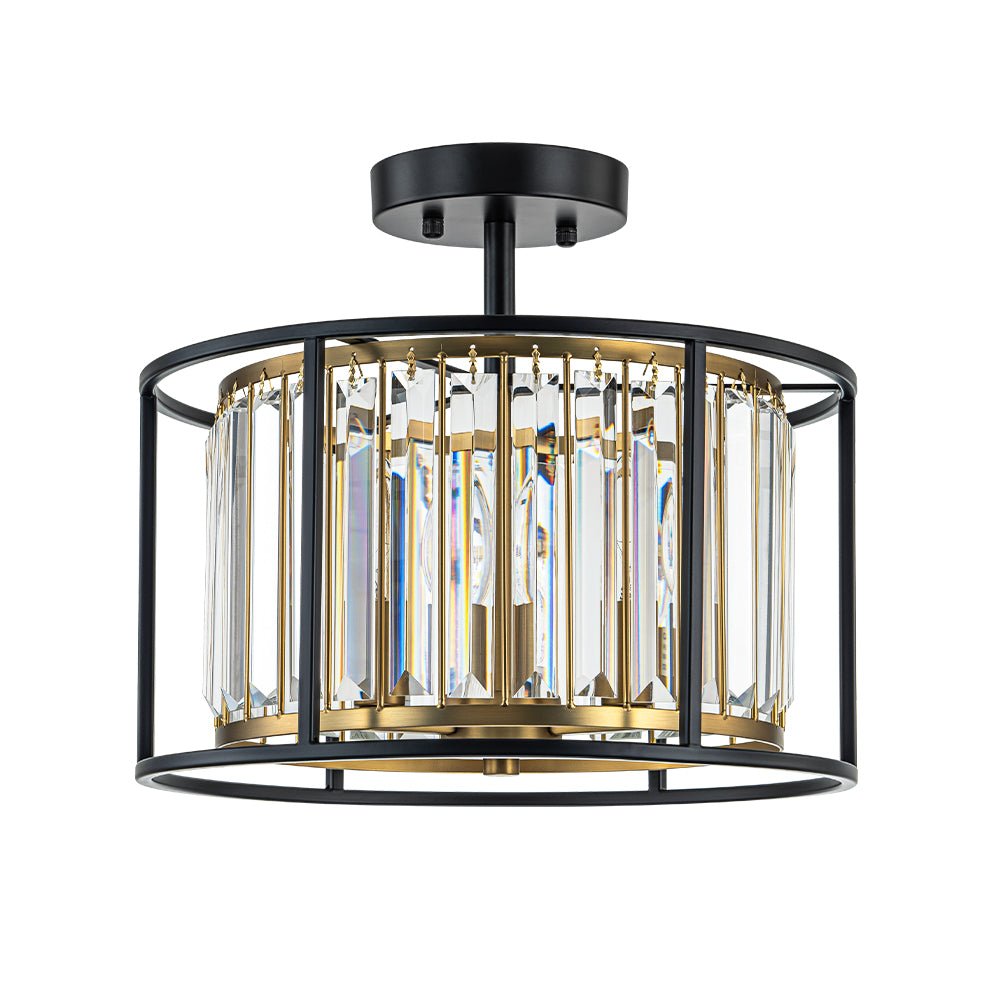 Three-Light Semi-Flush Drum Fixture with Faceted Glass Accents and Dual-Tone Metal Frame for Dining Room, Entryway, Bedroom, Kitchen | Thomler