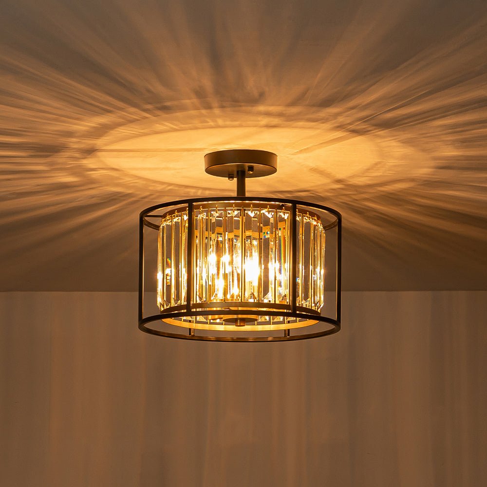 Three-Light Semi-Flush Drum Fixture with Faceted Glass Accents and Dual-Tone Metal Frame for Dining Room, Entryway, Bedroom, Kitchen | Thomler