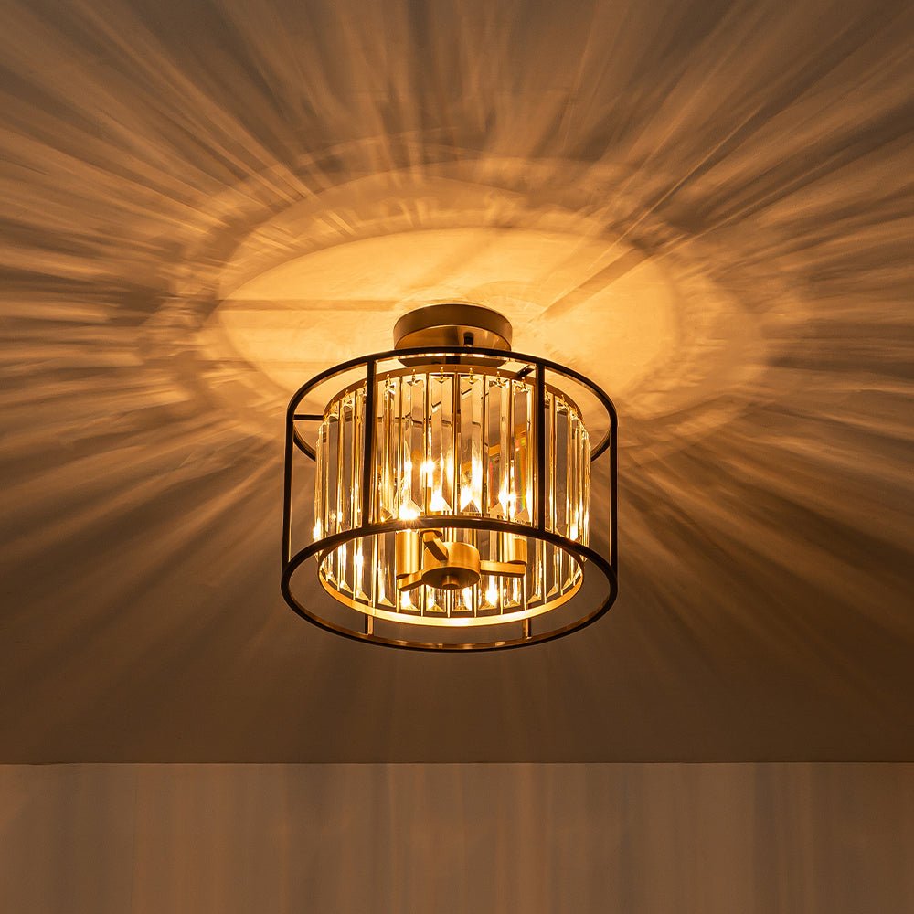 Three-Light Semi-Flush Drum Fixture with Faceted Glass Accents and Dual-Tone Metal Frame for Dining Room, Entryway, Bedroom, Kitchen | Thomler