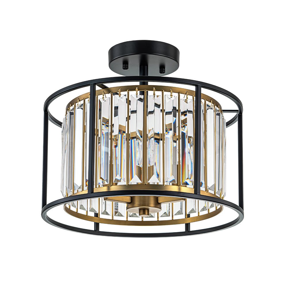 Three-Light Semi-Flush Drum Fixture with Faceted Glass Accents and Dual-Tone Metal Frame for Dining Room, Entryway, Bedroom, Kitchen | Thomler