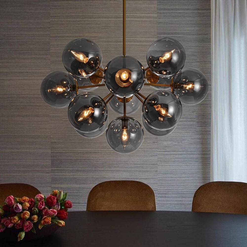 Pendant Light Smoked Glass 60.0 cm Brass Dining Room Sunburst Chandelier Adjustable Semi Flush Ceiling Light | Thomler