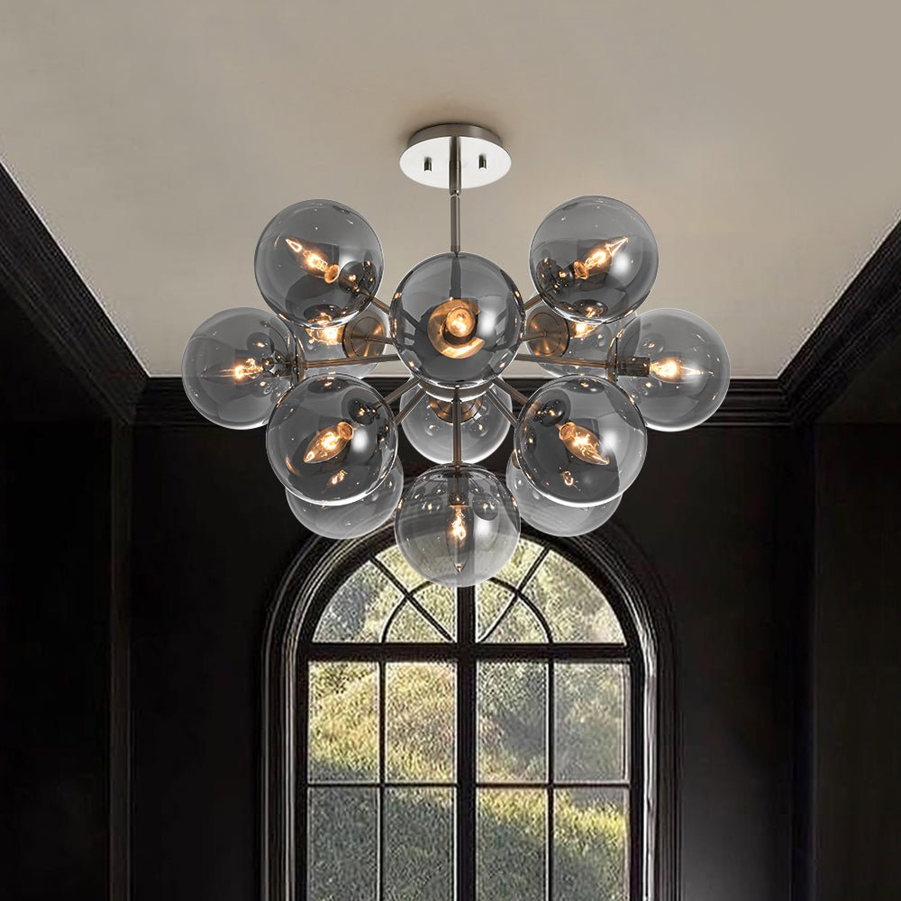 Pendant Light Smoked Glass 60.0 cm Brass Dining Room Sunburst Chandelier Adjustable Semi Flush Ceiling Light | Thomler