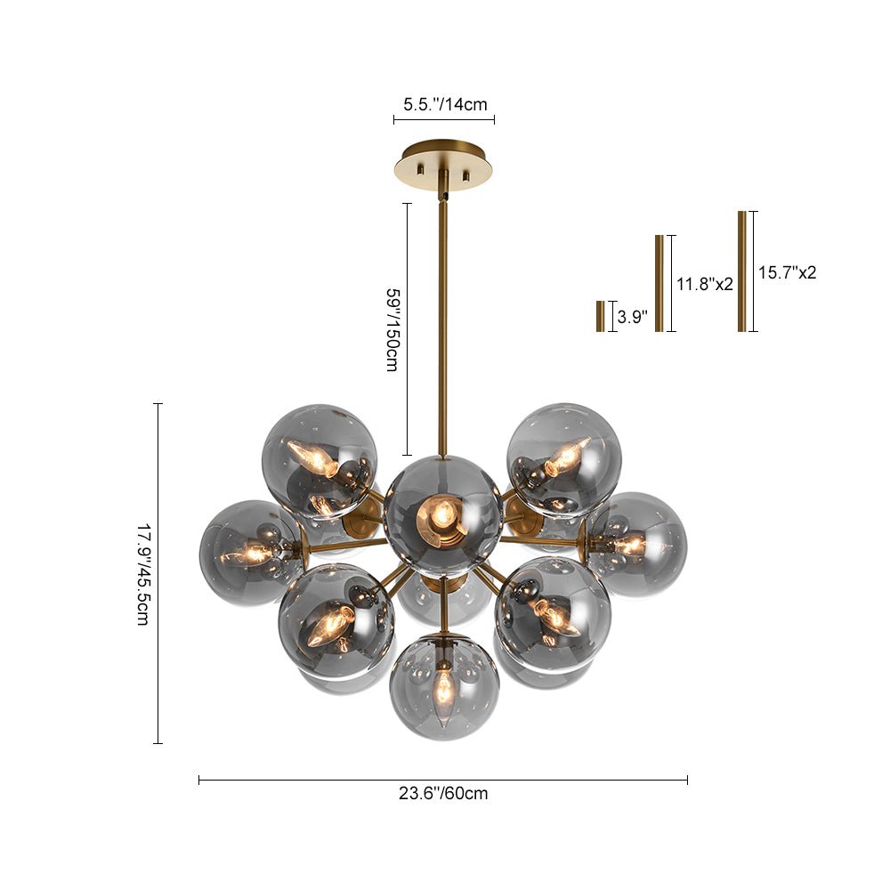 Pendant Light Smoked Glass 60.0 cm Brass Dining Room Sunburst Chandelier Adjustable Semi Flush Ceiling Light | Thomler