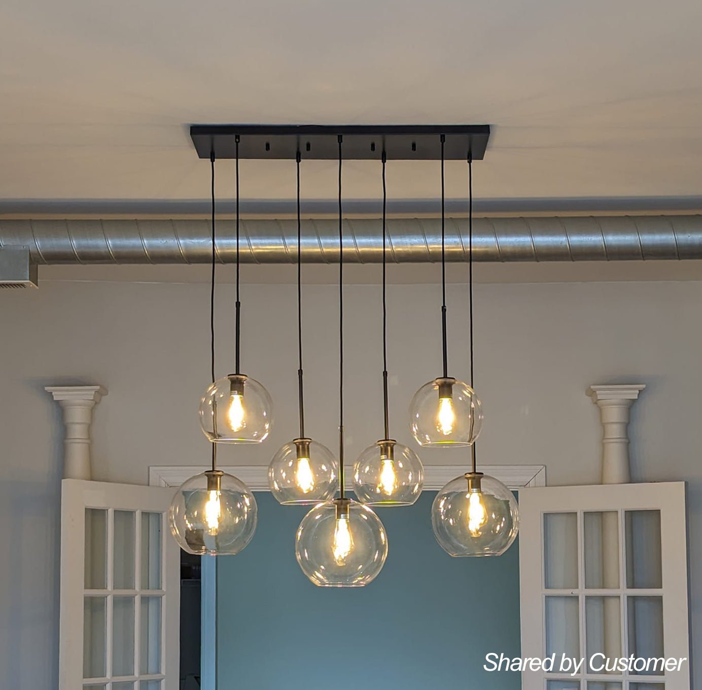 Pendant Light Glass Sphere 90.0 cm Brass Kitchen Island Dining Room Adjustable Seven Light Ceiling Fixture | Thomler
