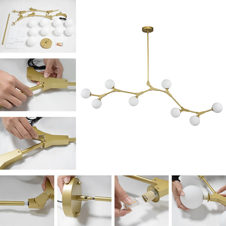 Eight-Light Glass Sphere Dining Room Chandelier with Adjustable Rod – Metal Frame – Hardwired Modern Fixture for Kitchen Island & Entryway | Thomler