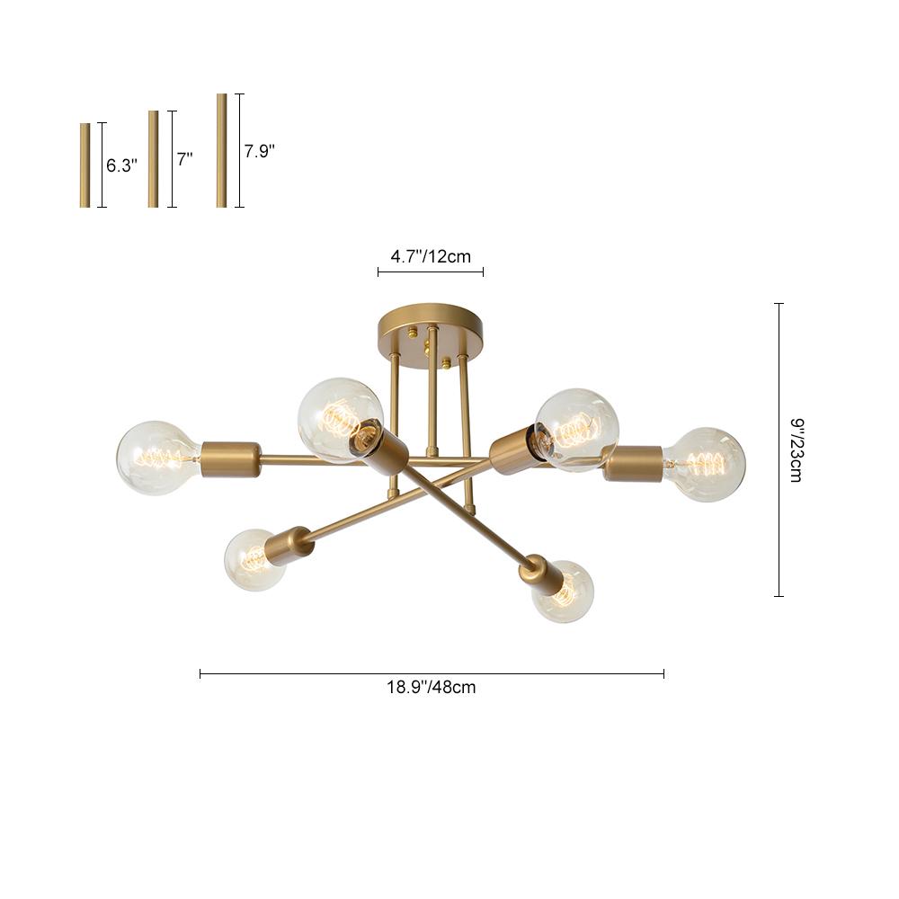 6-Light Starburst Ceiling Fixture in Warm Gold Tone – Close-to-Ceiling Geometric Chandelier for Dining Room, Bedroom & Entryway | Thomler
