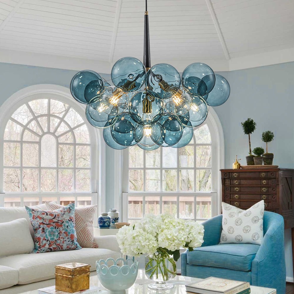 6-Light Sapphire Orb Suspended Fixture with Brass Hardware and LED Bulbs for Dining Room & Entryway | Thomler