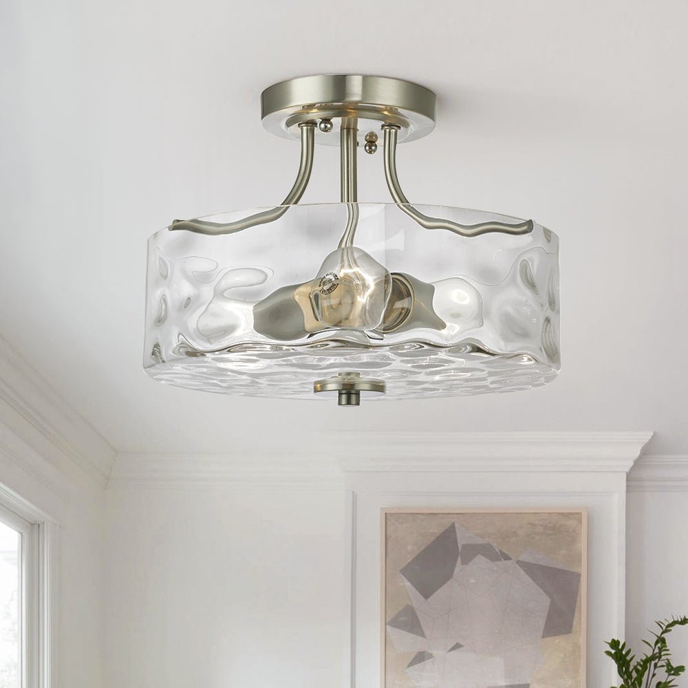 Ceiling Light Hammered Glass 30.0 cm Brushed Nickel Kitchen Hallway Bedroom Semi Flush Mount Drum Lamp | Thomler