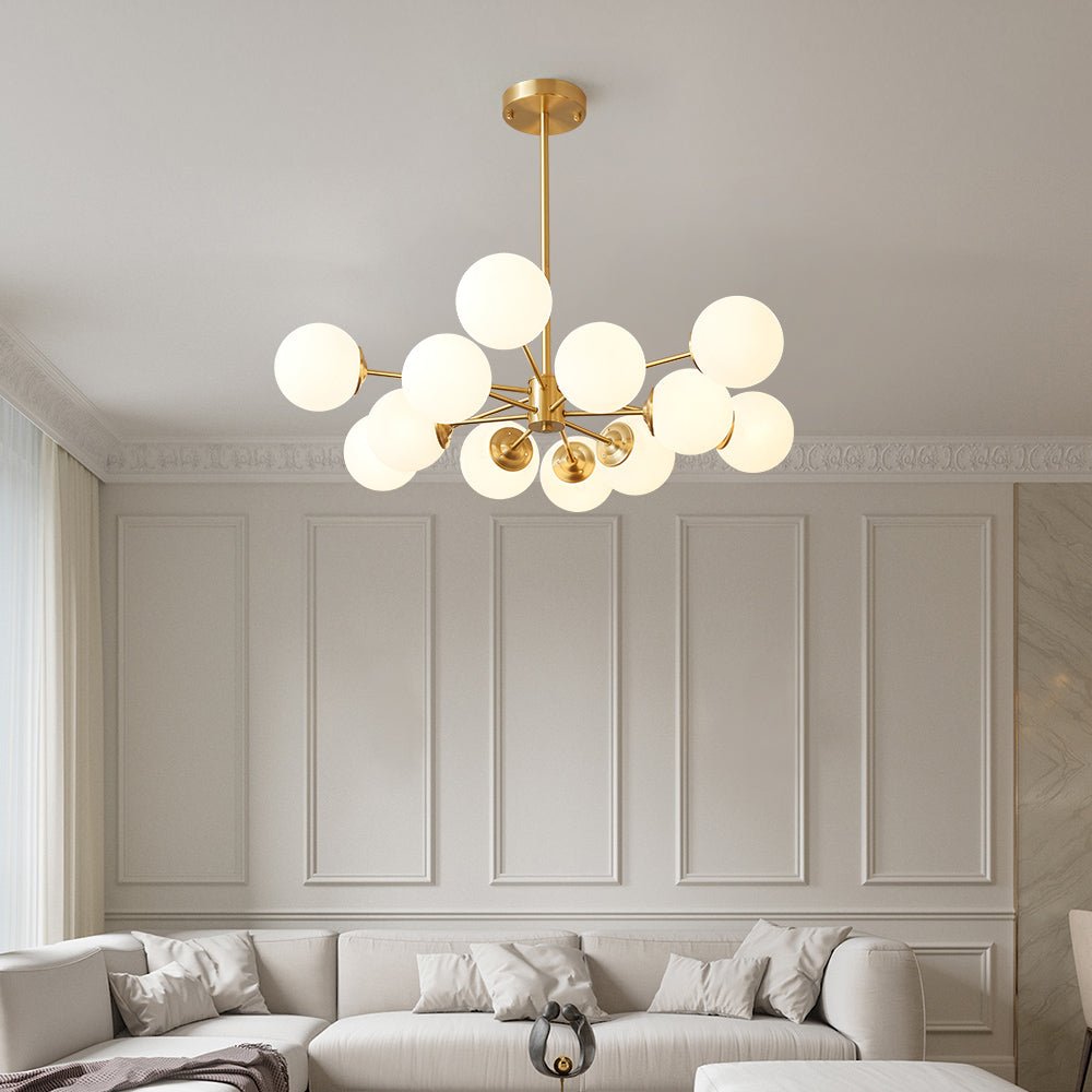 12-Light Mid-Century Ceiling Fixture with Frosted Glass Spheres & Golden Metal Arms for Dining Room, Foyer, Bedroom | Thomler