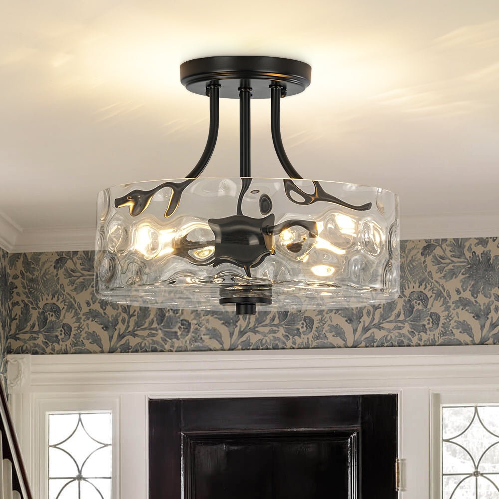 Ceiling Light Hammered Glass Drum 30.0 cm Semi Flush Bathroom Dining Room Hallway Fixture | Thomler