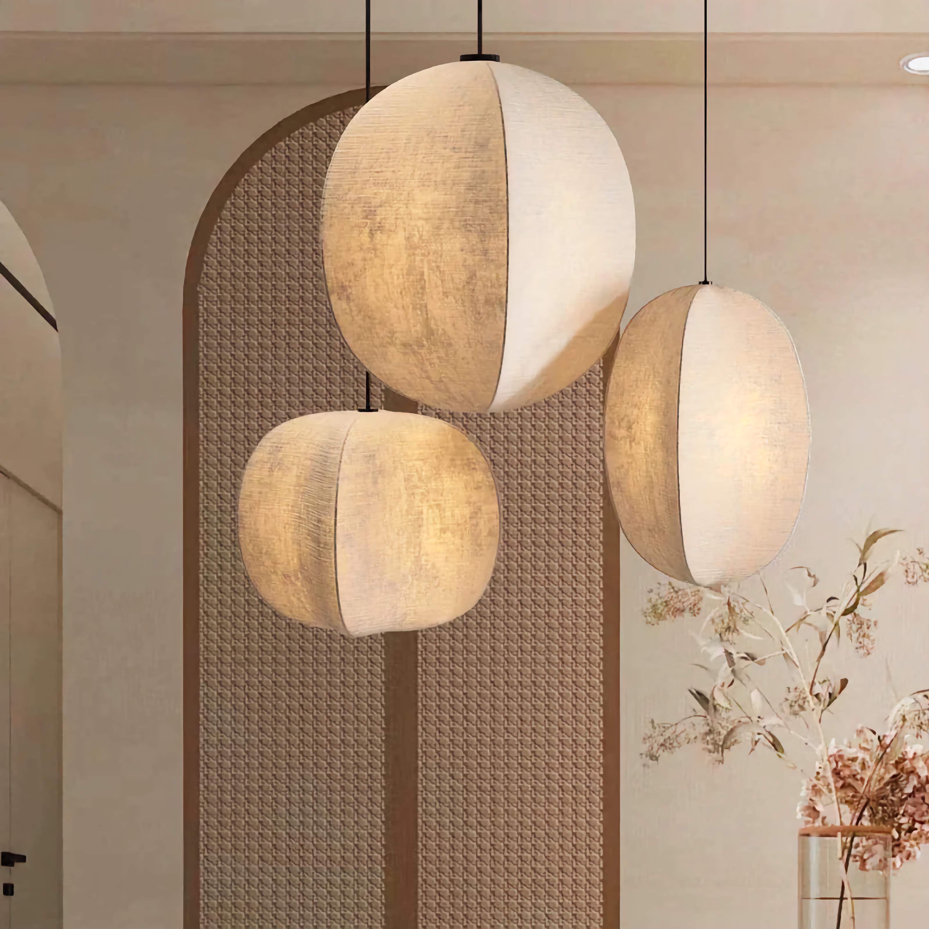 Pendant Light Linen Globe 12 W Beige Hanging Kitchen Island Dining Room Boho Coastal Ceiling Fixture Set | Thomler