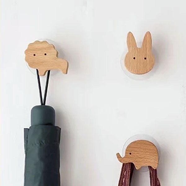 Wall Hooks Wooden Animal Self Adhesive Natural Kids Bedroom Nursery Coat Bag Holders Scandinavian Decor | Thomler