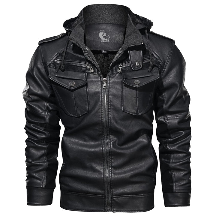 Men's Hooded Faux Leather Moto Jacket - Removable Hood, Water-Resistant PU Coat for Fall & Winter | Thomler