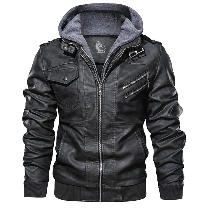 Men's Hooded Faux Leather Moto Jacket with Removable Hood – Waterproof & Scratch-Resistant Outerwear for All Seasons | Thomler