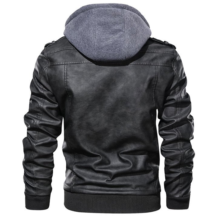 Men's Hooded Faux Leather Moto Jacket with Removable Hood – Waterproof & Scratch-Resistant Outerwear for All Seasons | Thomler
