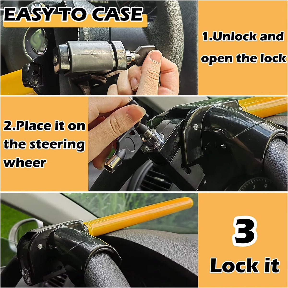 Heavy-Duty Steering Wheel Lock Bar – Anti-Theft Car Security Device with High-Visibility Design for Cars, Trucks, SUVs & Vans | Thomler