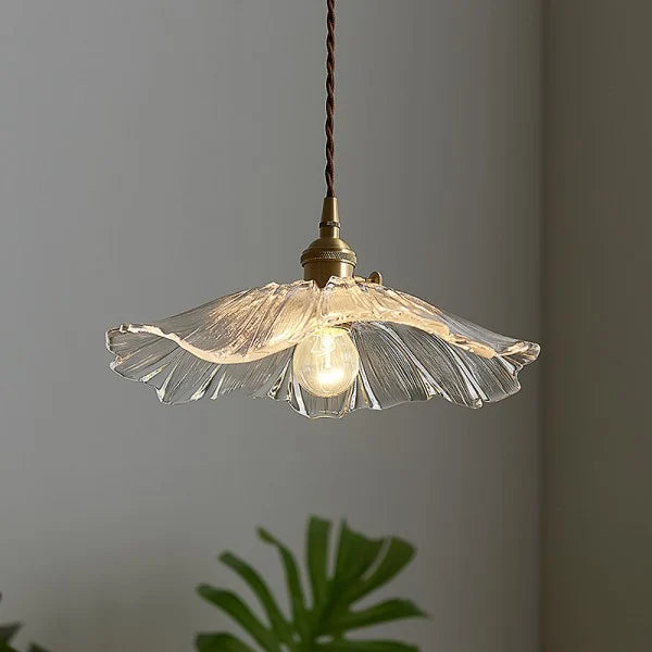 Floral Glass Pendant or Flush Mount Light – Vintage Brass Accent Fixture for Dining Room, Bedroom | Thomler