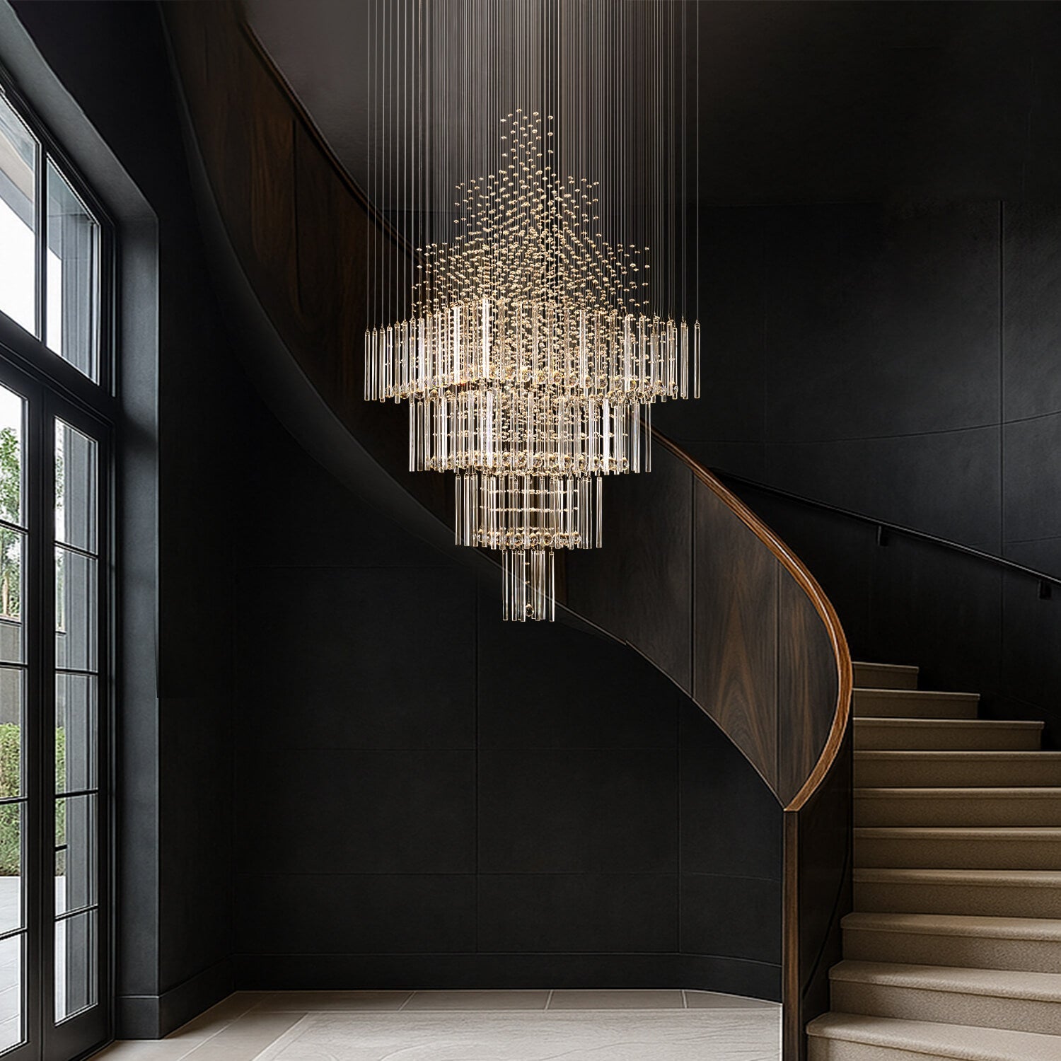 Tiered Crystal Chandelier with Cascading Glass Drops for Foyer, Staircase & High Ceilings – Adjustable Height Modern Lighting Fixture | Thomler