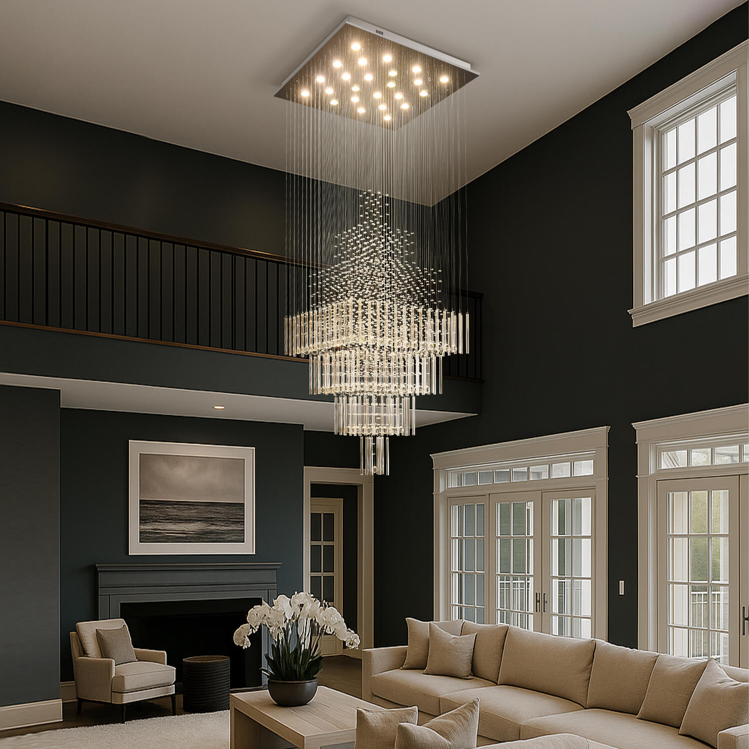 Tiered Crystal Chandelier with Cascading Glass Drops for Foyer, Staircase & High Ceilings – Adjustable Height Modern Lighting Fixture | Thomler