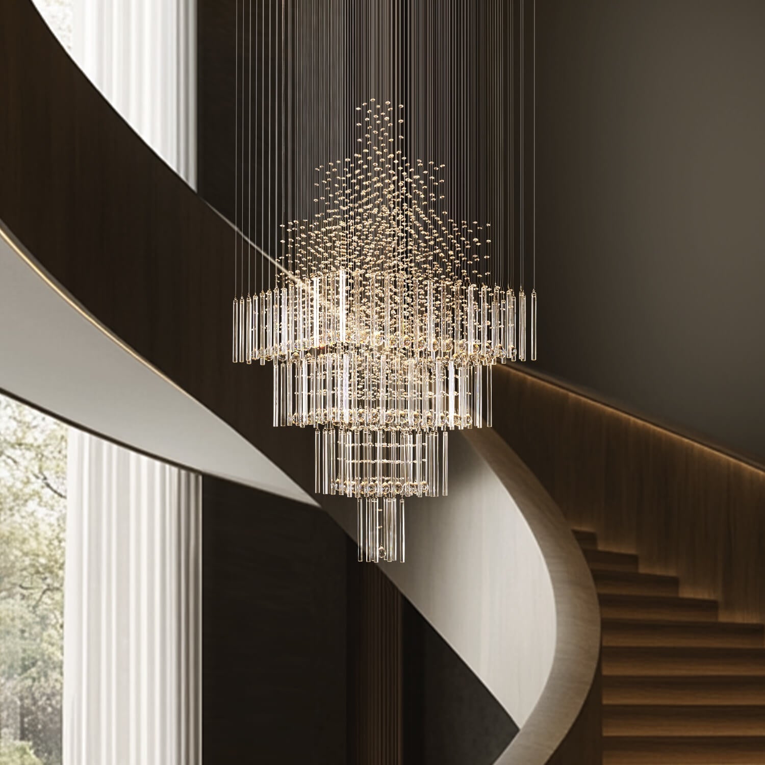 Tiered Crystal Chandelier with Cascading Glass Drops for Foyer, Staircase & High Ceilings – Adjustable Height Modern Lighting Fixture | Thomler