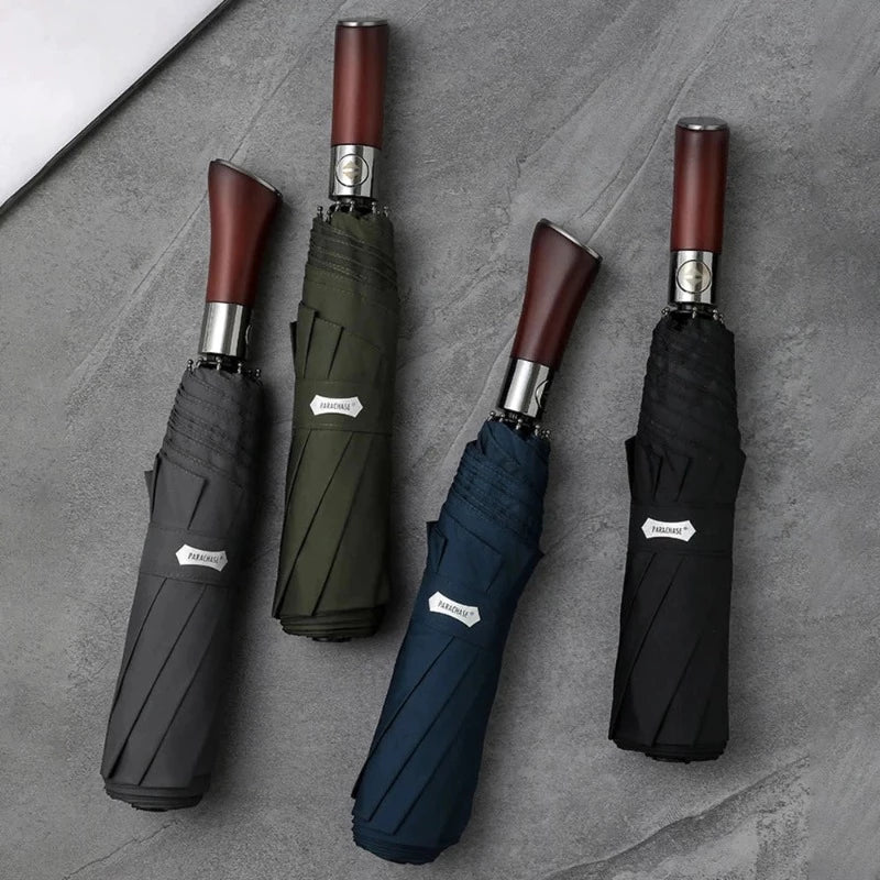 Automatic Open Compact Umbrella with Wooden Curved Handle for Rain – Windproof Canopy with Aluminum Frame – Men's & Women's Travel Accessory | Thomler