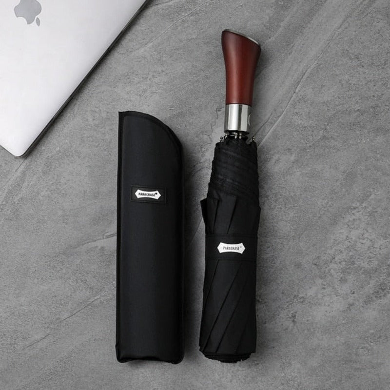 Automatic Open Compact Umbrella with Wooden Curved Handle for Rain – Windproof Canopy with Aluminum Frame – Men's & Women's Travel Accessory | Thomler