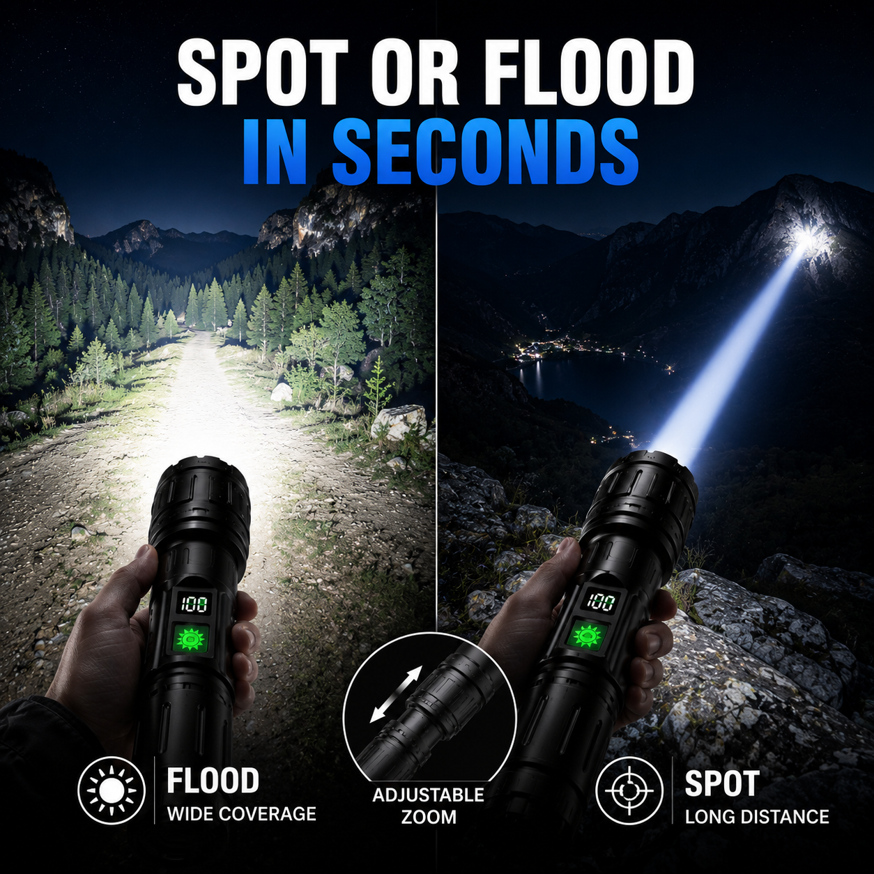 Heavy-Duty LED Flashlight with Power Bank Function, 5-Mode Zoomable Beam, Rechargeable 5000mAh Battery, Waterproof Aluminum Body for Camping | Thomler