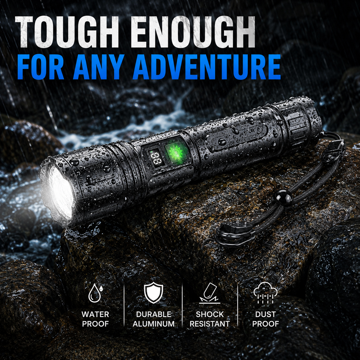 Heavy-Duty LED Flashlight with Power Bank Function, 5-Mode Zoomable Beam, Rechargeable 5000mAh Battery, Waterproof Aluminum Body for Camping | Thomler