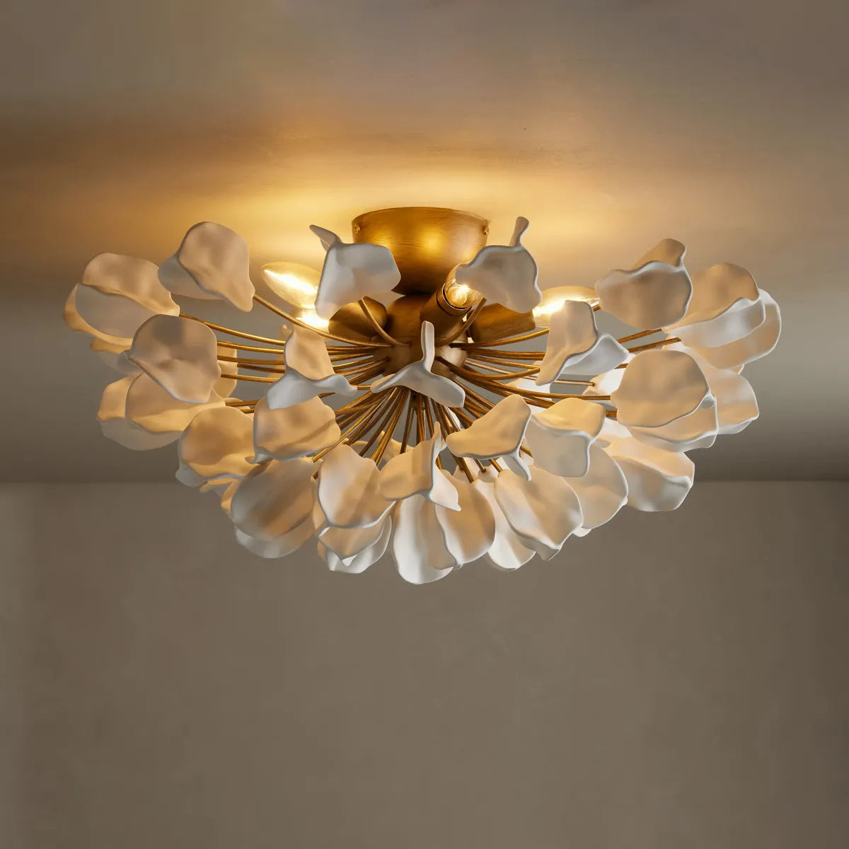 Ceramic Petal Flush Mount Ceiling Light with Handcrafted Leaves – 5-Light Fixture for Living Room, Dining Room & Bedroom – Dimmable E12 | Thomler