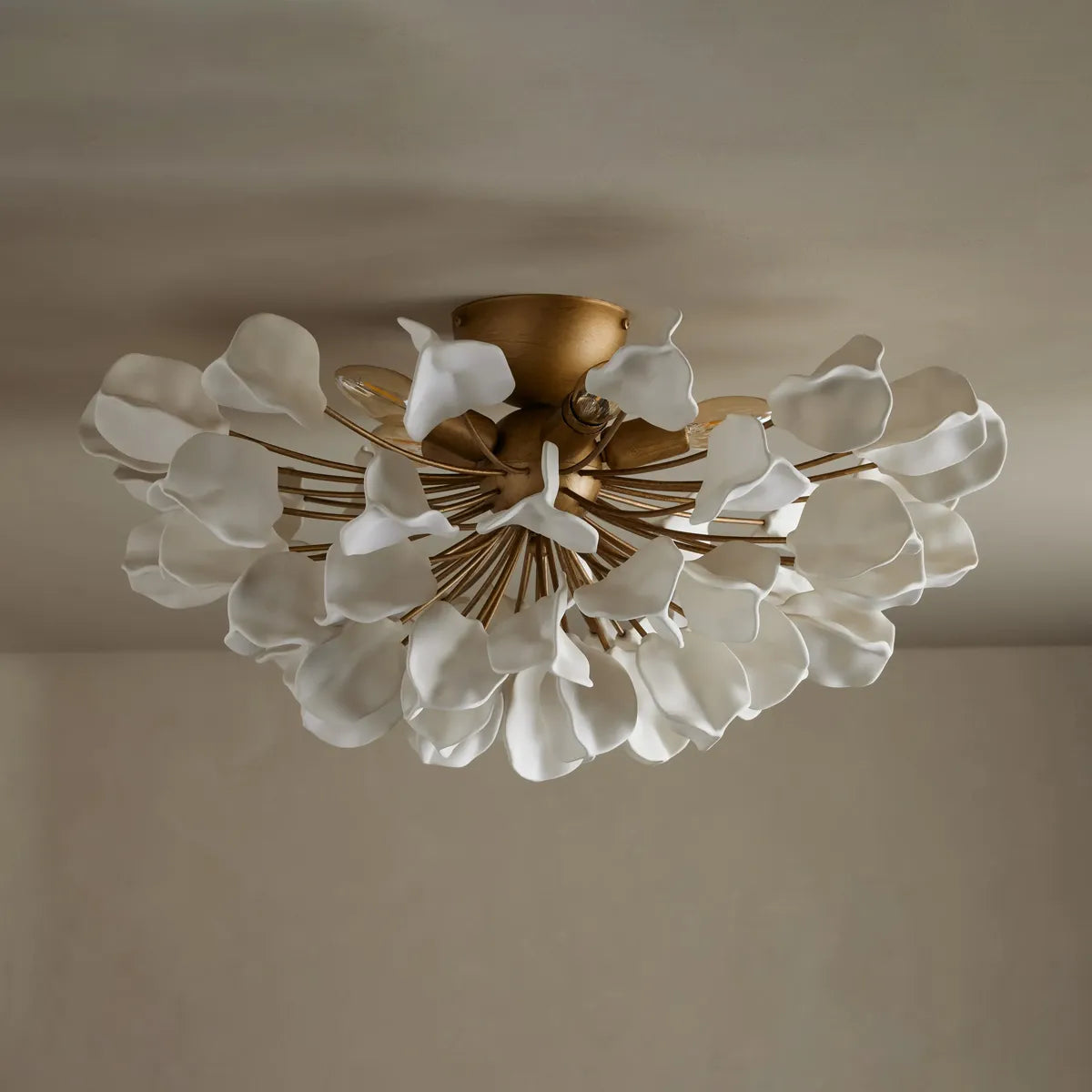 Ceramic Petal Flush Mount Ceiling Light with Handcrafted Leaves – 5-Light Fixture for Living Room, Dining Room & Bedroom – Dimmable E12 | Thomler