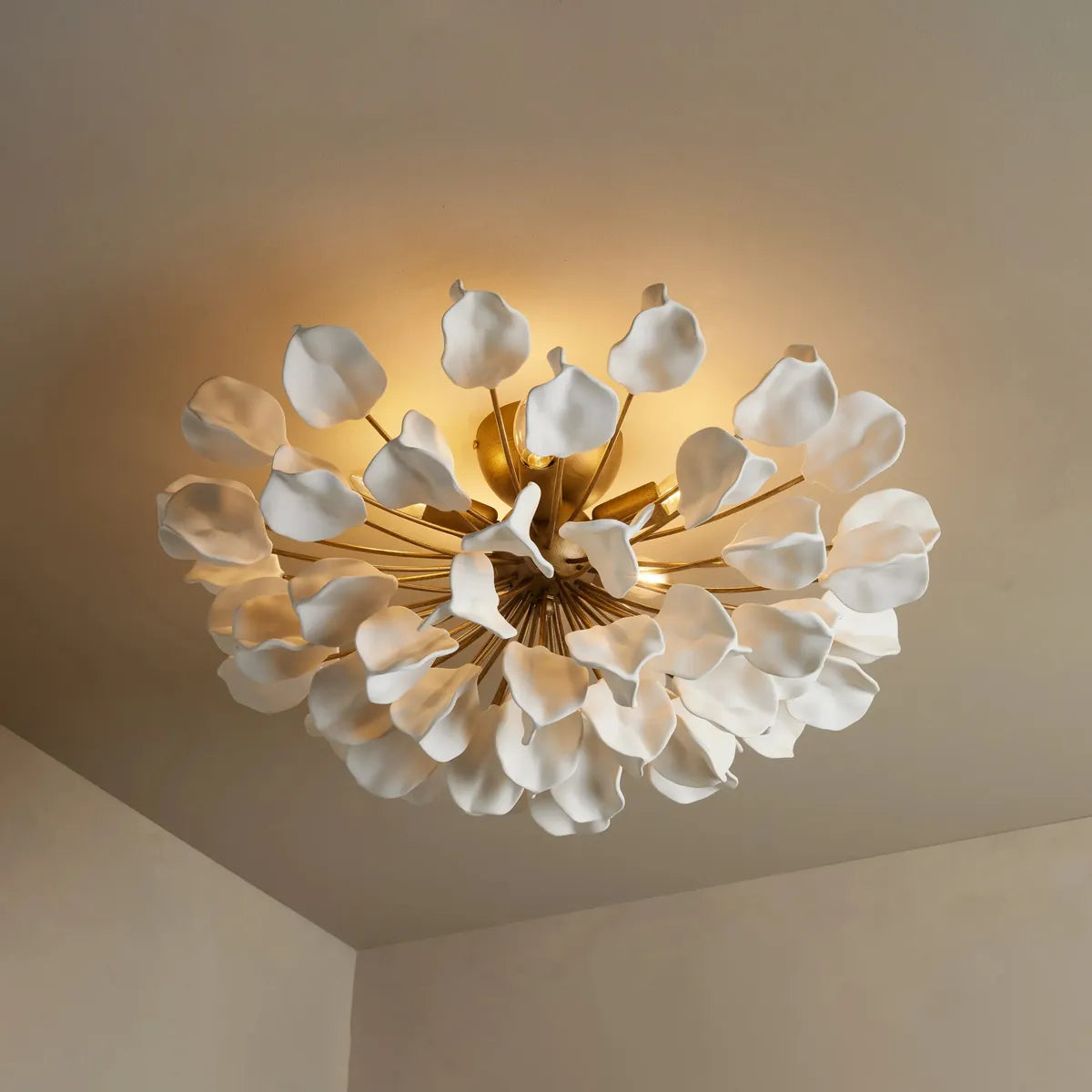 Ceramic Petal Flush Mount Ceiling Light with Handcrafted Leaves – 5-Light Fixture for Living Room, Dining Room & Bedroom – Dimmable E12 | Thomler