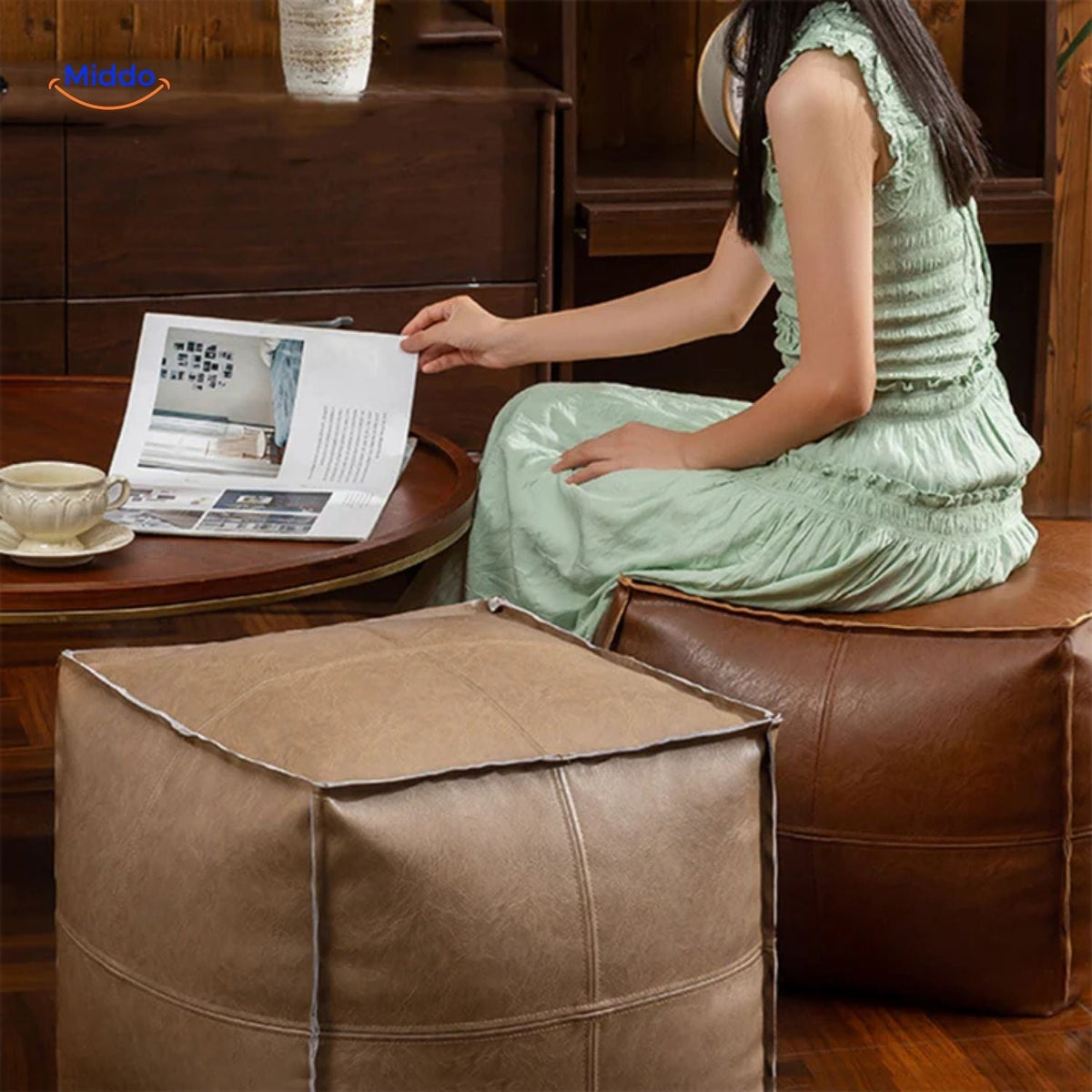 Faux Leather Floor Cushion Pouf – Refillable Japanese-Style Seat Pillow for Living Room, Patio & Bedroom | Thomler