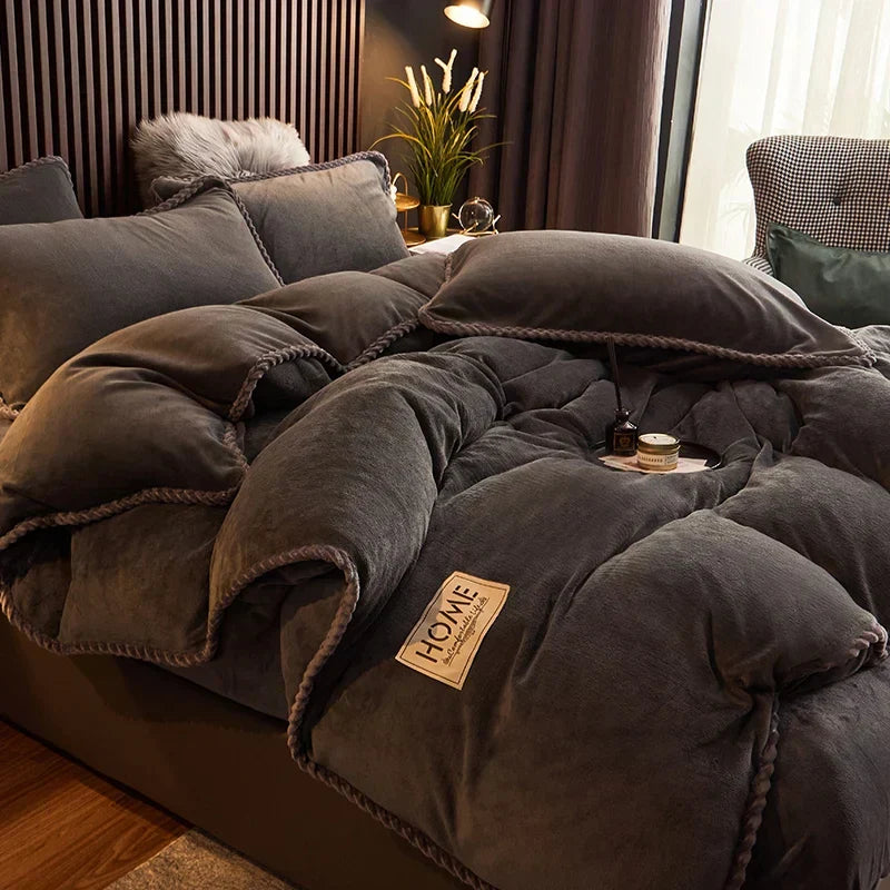 Soft Fleece Comforter Cover Set Winter Warm Bedding Queen King Gray Pink Beige Black for Bedroom Cold Weather Cozy Night Sleep | Thomler