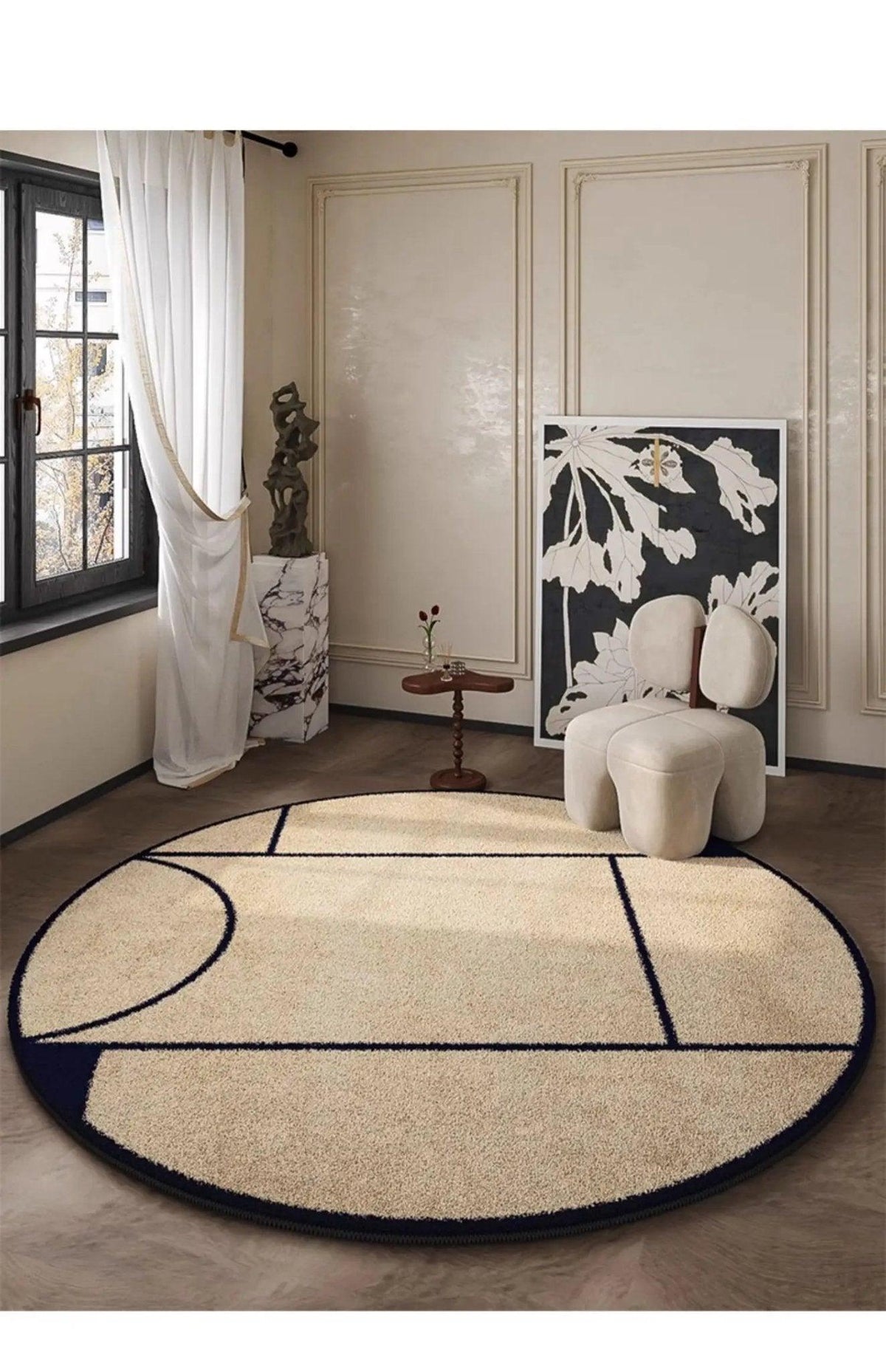 French-Inspired Round Area Rug – Plush Black Pattern Circle Carpet for Living Room, Bedroom & Entryway | Thomler