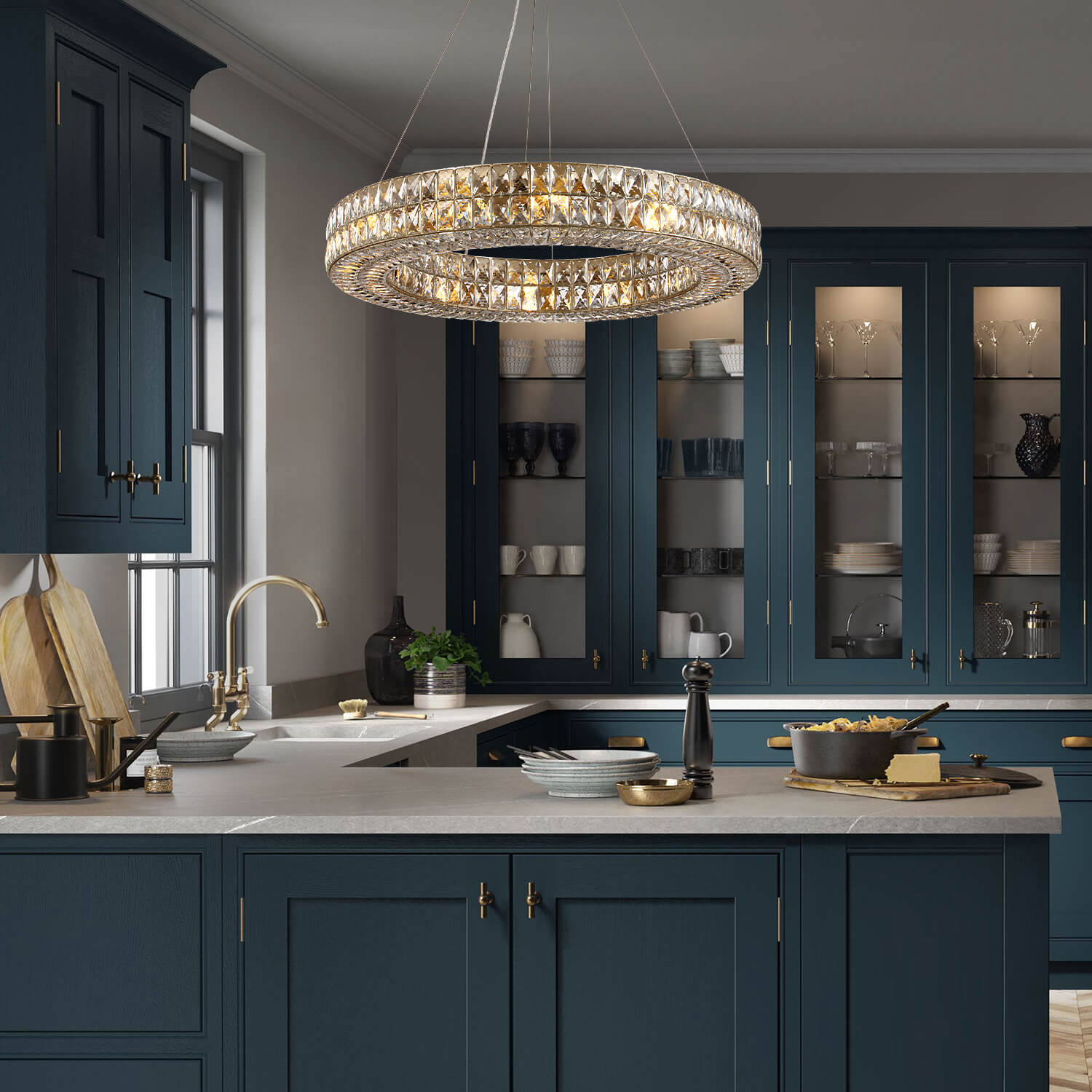 Double-Ring Crystal Chandelier in Gold or Silver Finish – Contemporary Candelabra-Style Hanging Light for Dining Room & Kitchen Island – 3 | Thomler