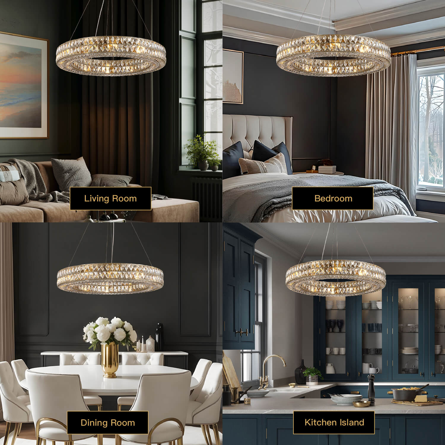 Double-Ring Crystal Chandelier in Gold or Silver Finish – Contemporary Candelabra-Style Hanging Light for Dining Room & Kitchen Island – 3 | Thomler