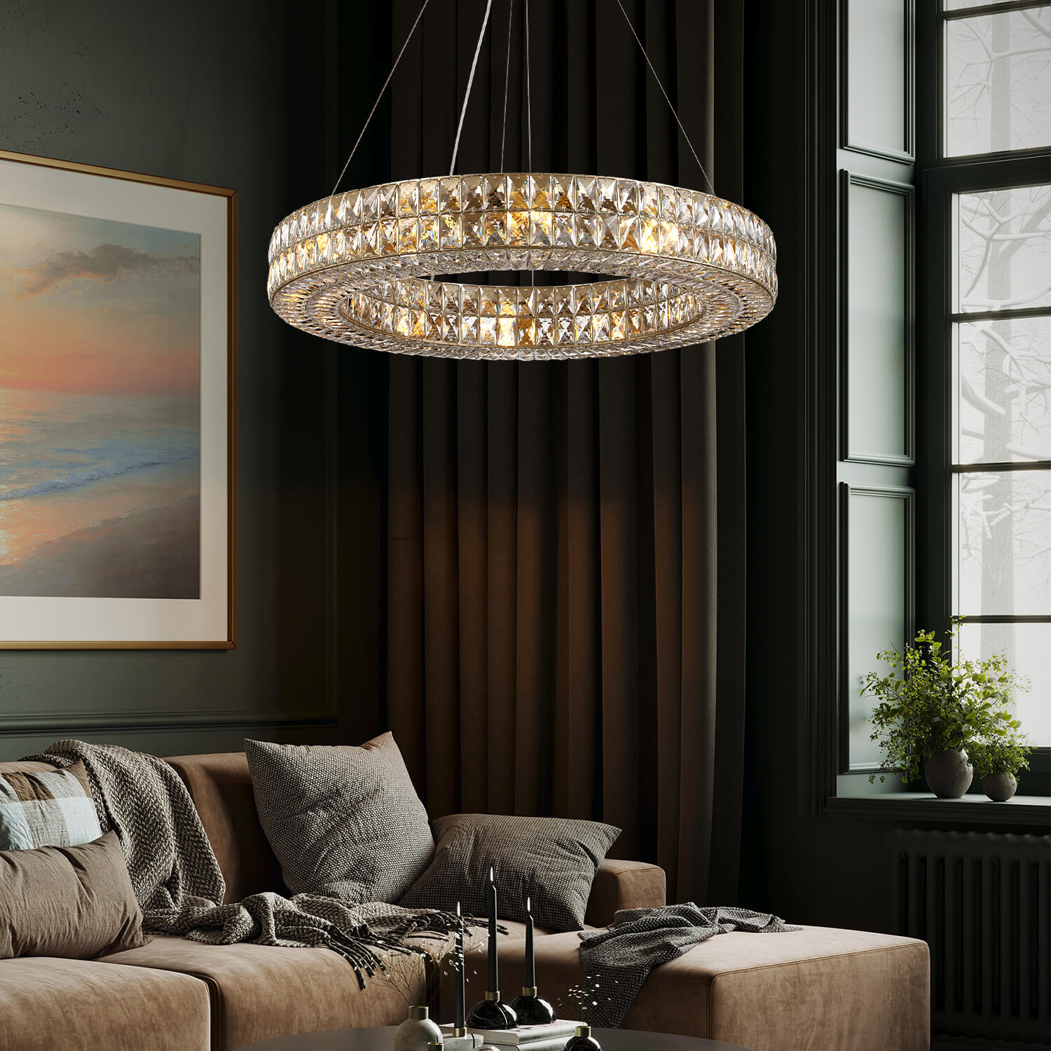 Double-Ring Crystal Chandelier in Gold or Silver Finish – Contemporary Candelabra-Style Hanging Light for Dining Room & Kitchen Island – 3 | Thomler