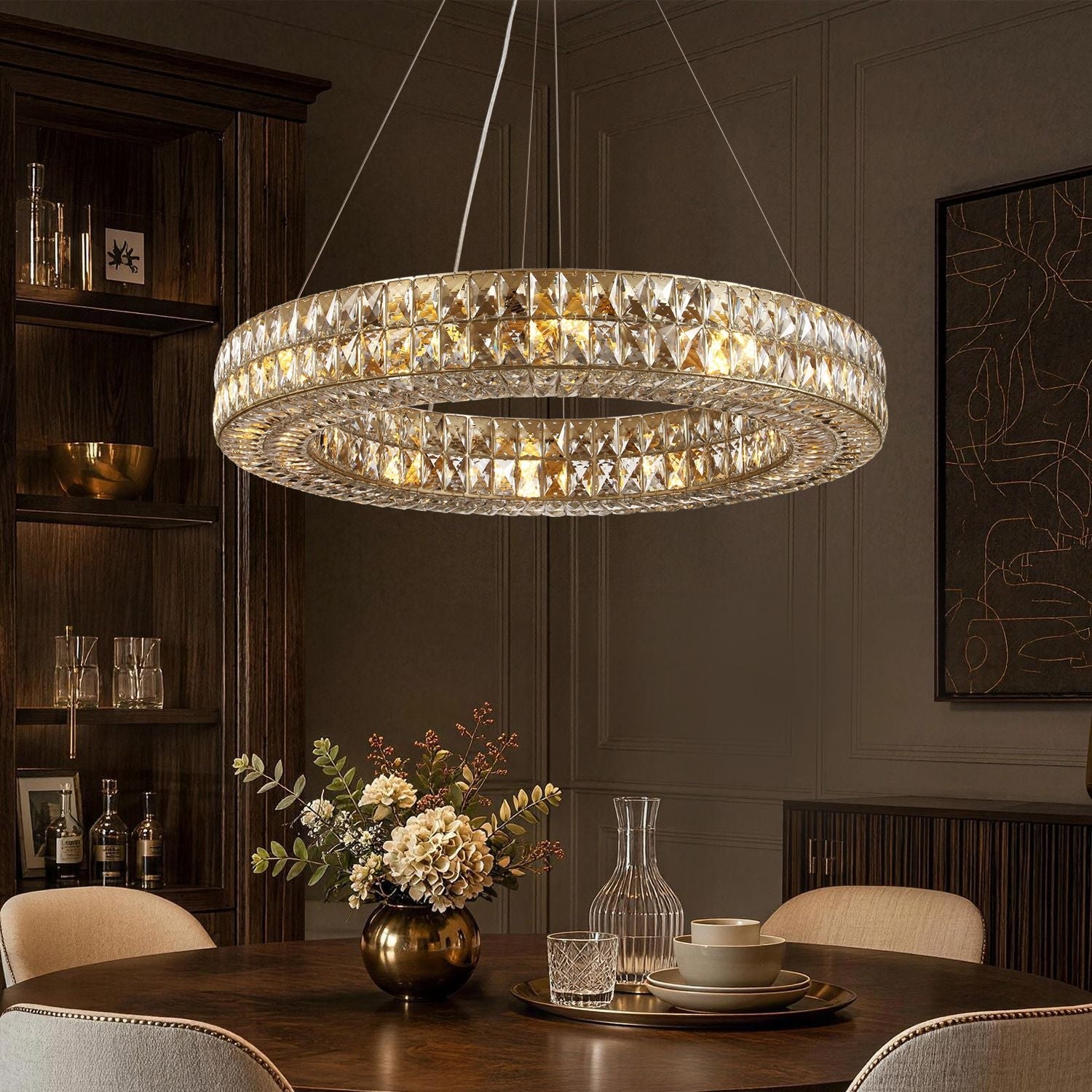 Double-Ring Crystal Chandelier in Gold or Silver Finish – Contemporary Candelabra-Style Hanging Light for Dining Room & Kitchen Island – 3 | Thomler