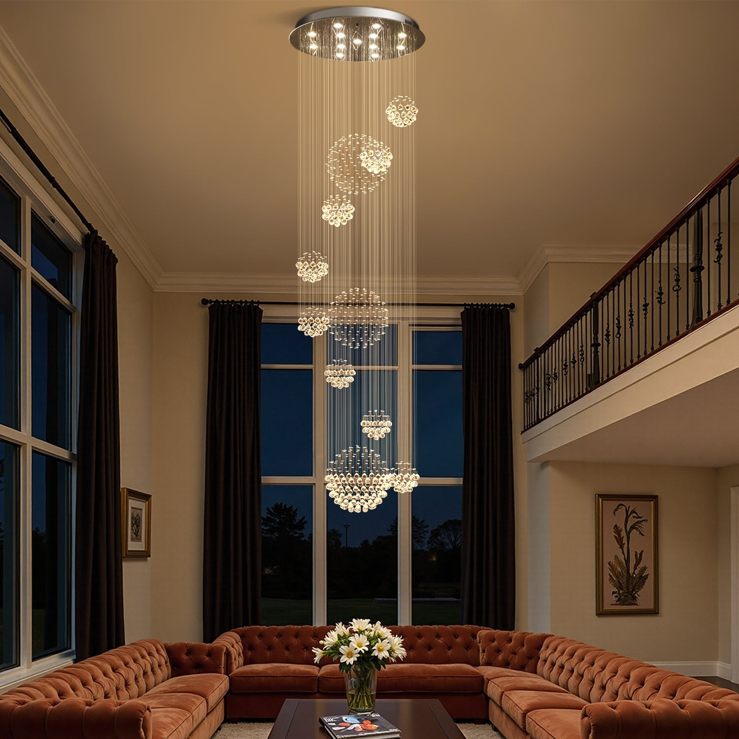 Orbital Raindrop Crystal Chandelier with Multi-Tier Chrome Frame for Stairwells & High Ceilings | Thomler
