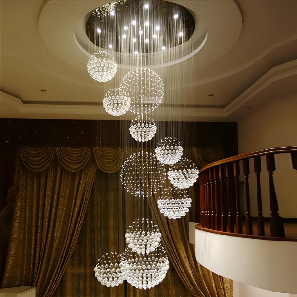 Orbital Raindrop Crystal Chandelier with Multi-Tier Chrome Frame for Stairwells & High Ceilings | Thomler