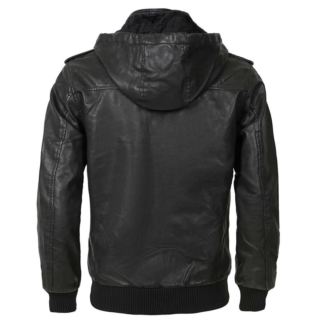 Men's Hooded Faux Leather Jacket – Water-Resistant Moto Coat with Removable Hood for Everyday Wear | Thomler